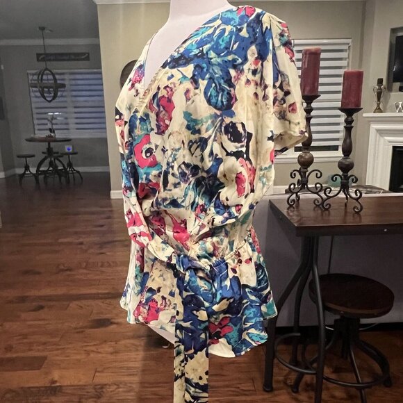 Nicole Miller Woman Blouse Plus Size 2X Satin Multicolor Floral Waist Tie V-Neck - Picture 6 of 13